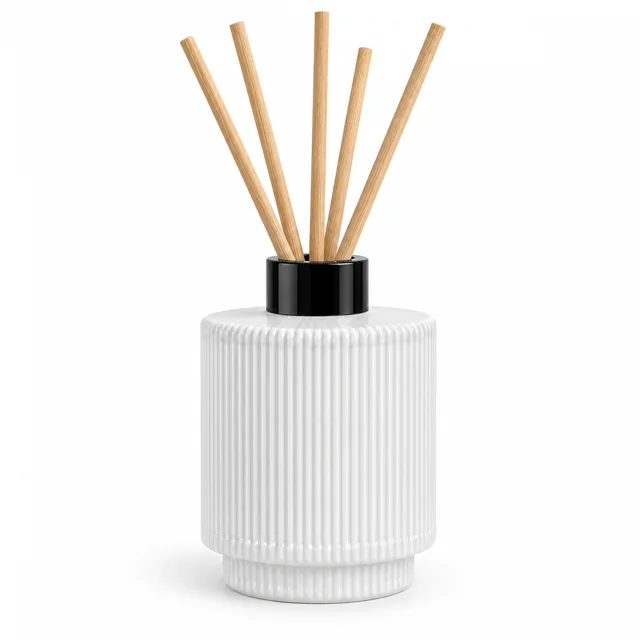 150ml White Ribbed Glass Reed Diffuser Bottle — opaque porcelain-like white; black open diffuser collar and rattan reeds