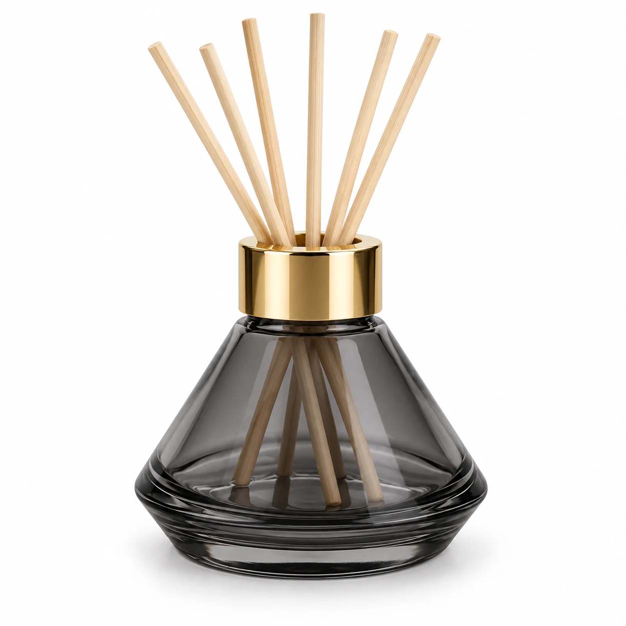 100ml Bell Shaped Glass Reed Diffuser Bottle — transparent smoke black; gold open diffuser collar and rattan reeds