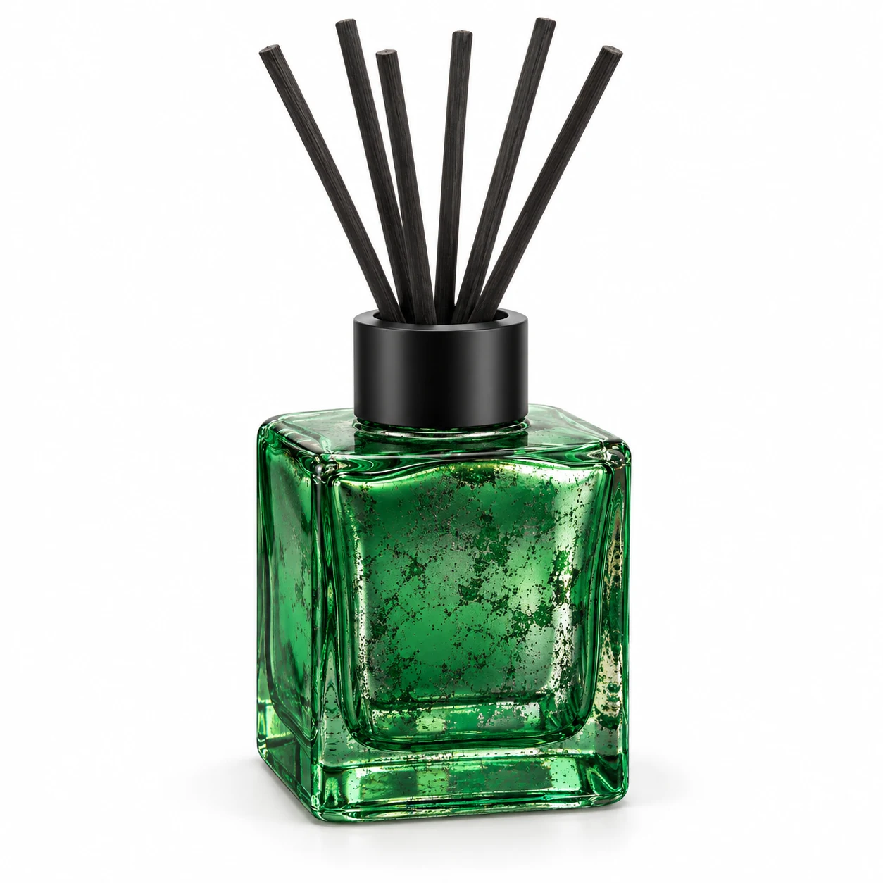 125ml Square Glass Reed Diffuser Bottle — distressed silver electroplating under transparent christmas green coating; black open diffuser collar and rattan reeds