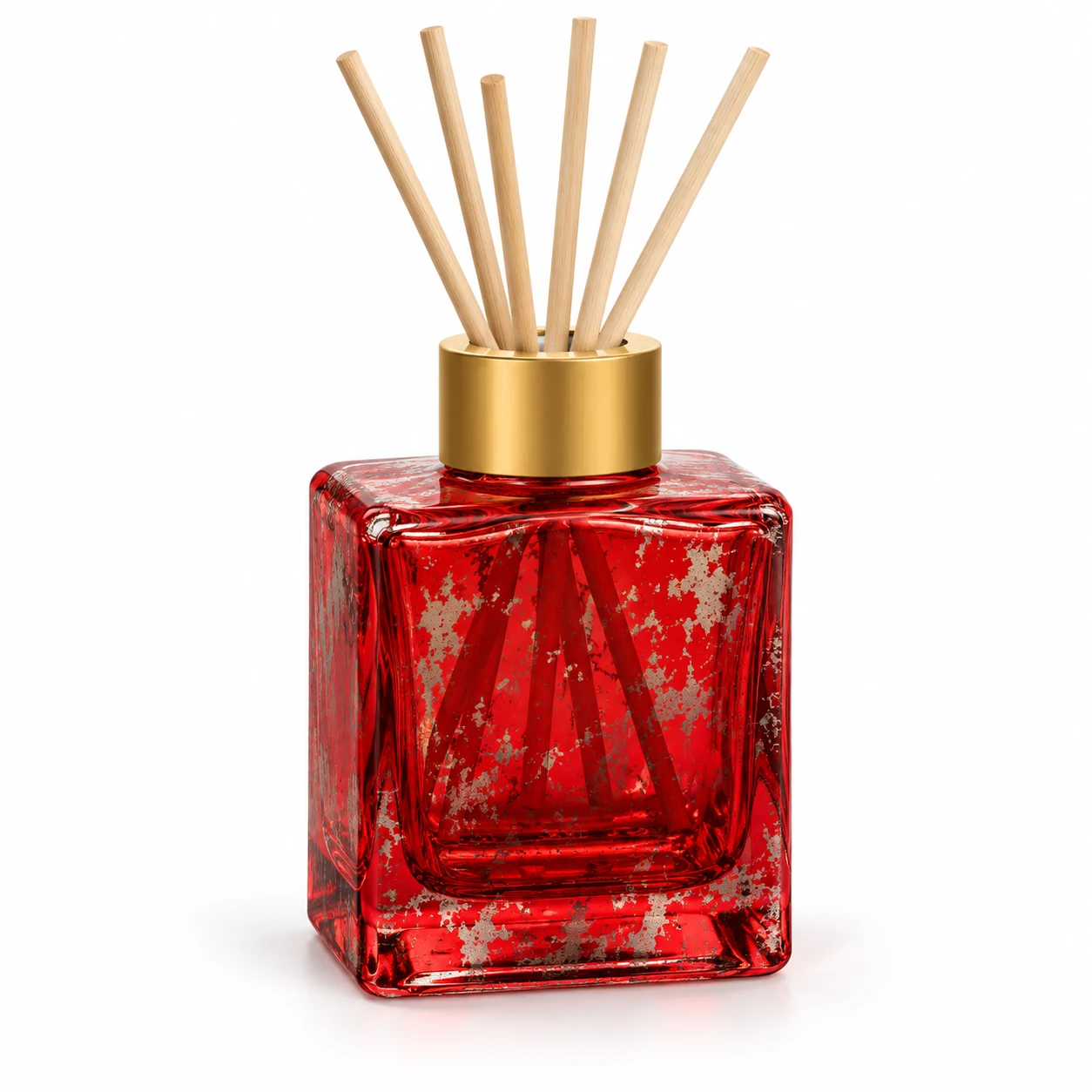 125ml Square Glass Reed Diffuser Bottle — distressed silver electroplating under transparent christmas red coating; gold open diffuser collar and rattan reeds