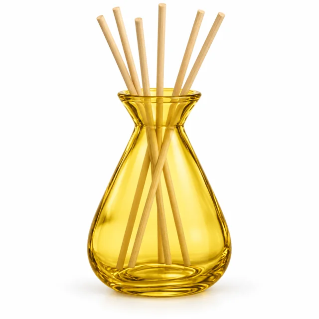 150ml Teardrop Glass Reed Diffuser Bottle — semi-translucent yellow; rattan reeds directly into flared mouth, no collar