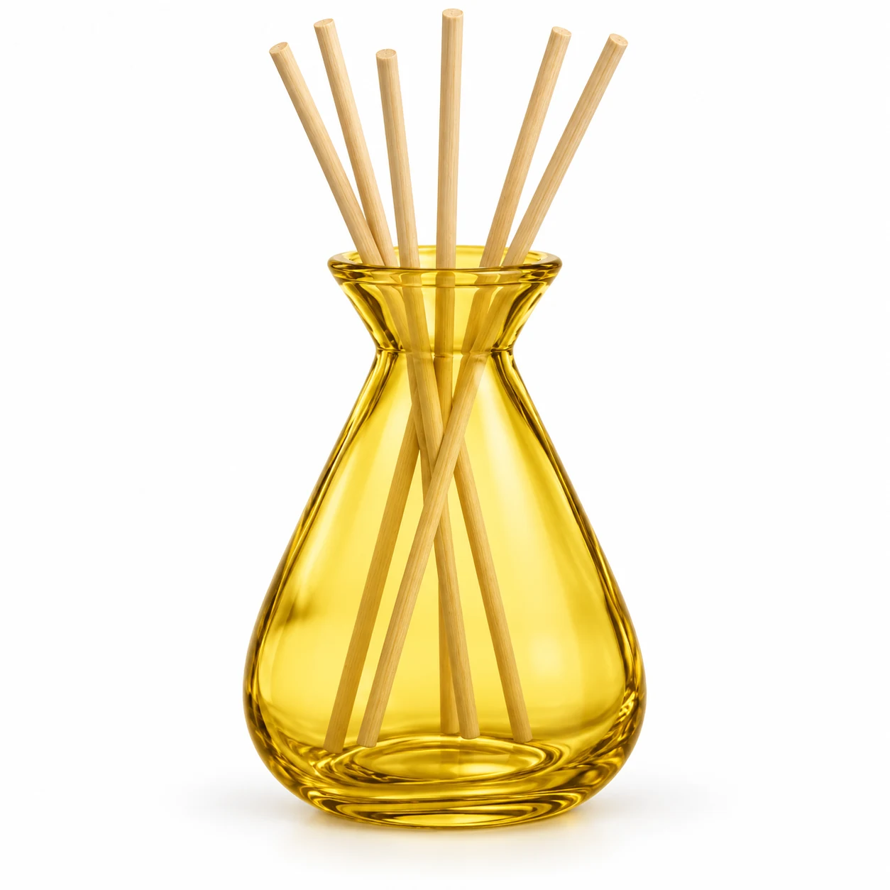 150ml Teardrop Glass Reed Diffuser Bottle — semi-translucent yellow; rattan reeds directly into flared mouth, no collar