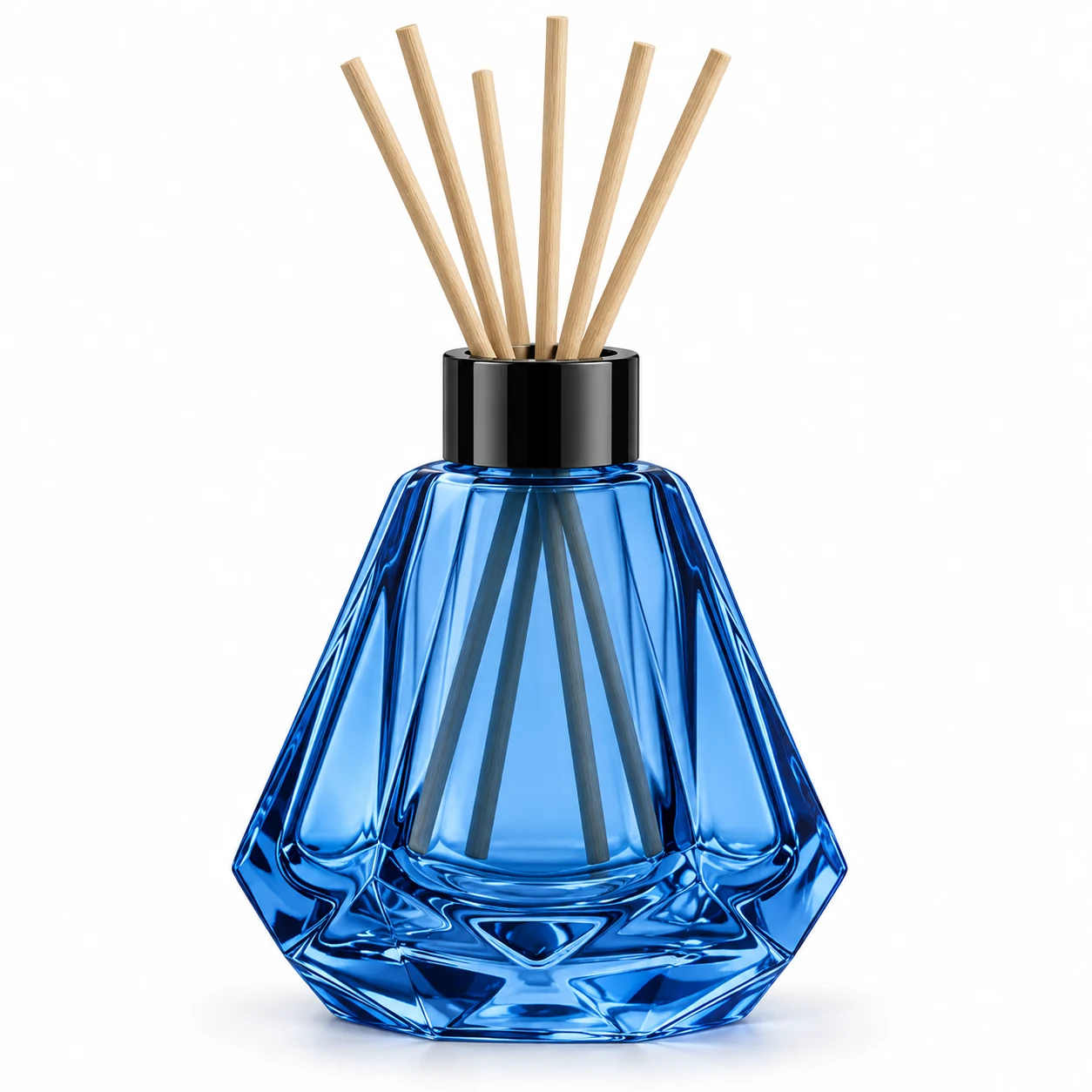 240ml Faceted Glass Reed Diffuser Bottle — transparent blue; black open diffuser collar and rattan reeds