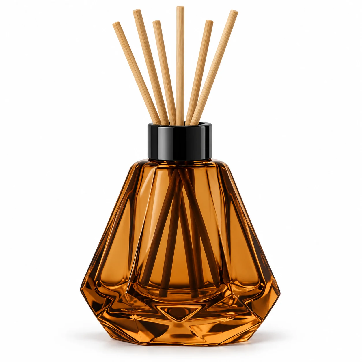 70ml Mini Amber Faceted Glass Reed Diffuser Bottle — semi-translucent amber; black open diffuser collar and rattan reeds