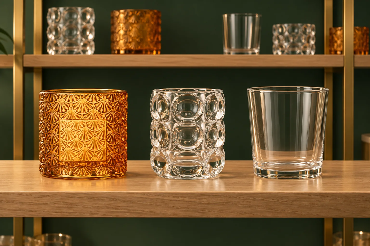 VSS Glass jars and a sculptural holder in a conceptual oak and green product display