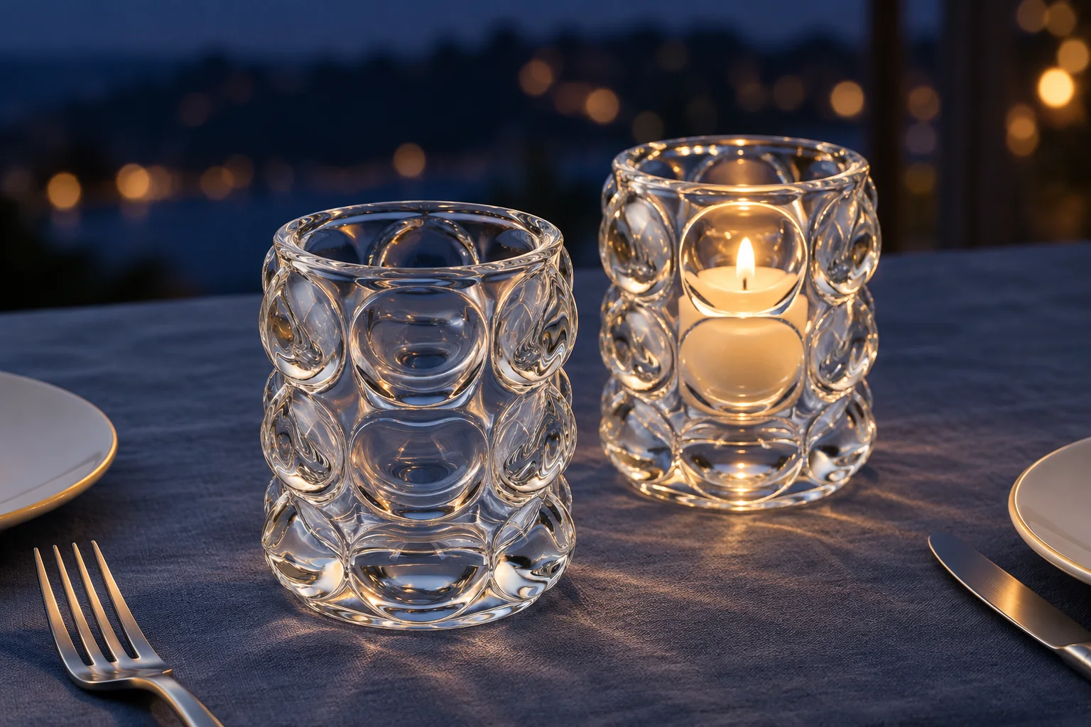 VSS-CH-02 clear glass candle holders on a blue linen dinner table at dusk