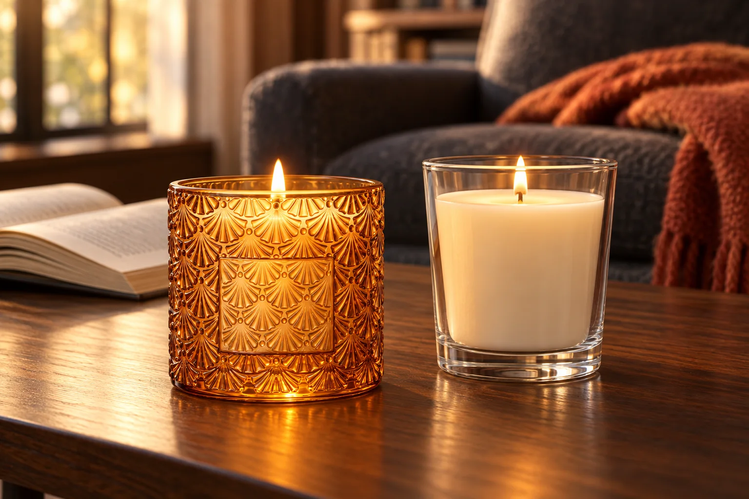 VSS Glass amber fan-pattern and clear candle jars on a walnut table in a reading nook