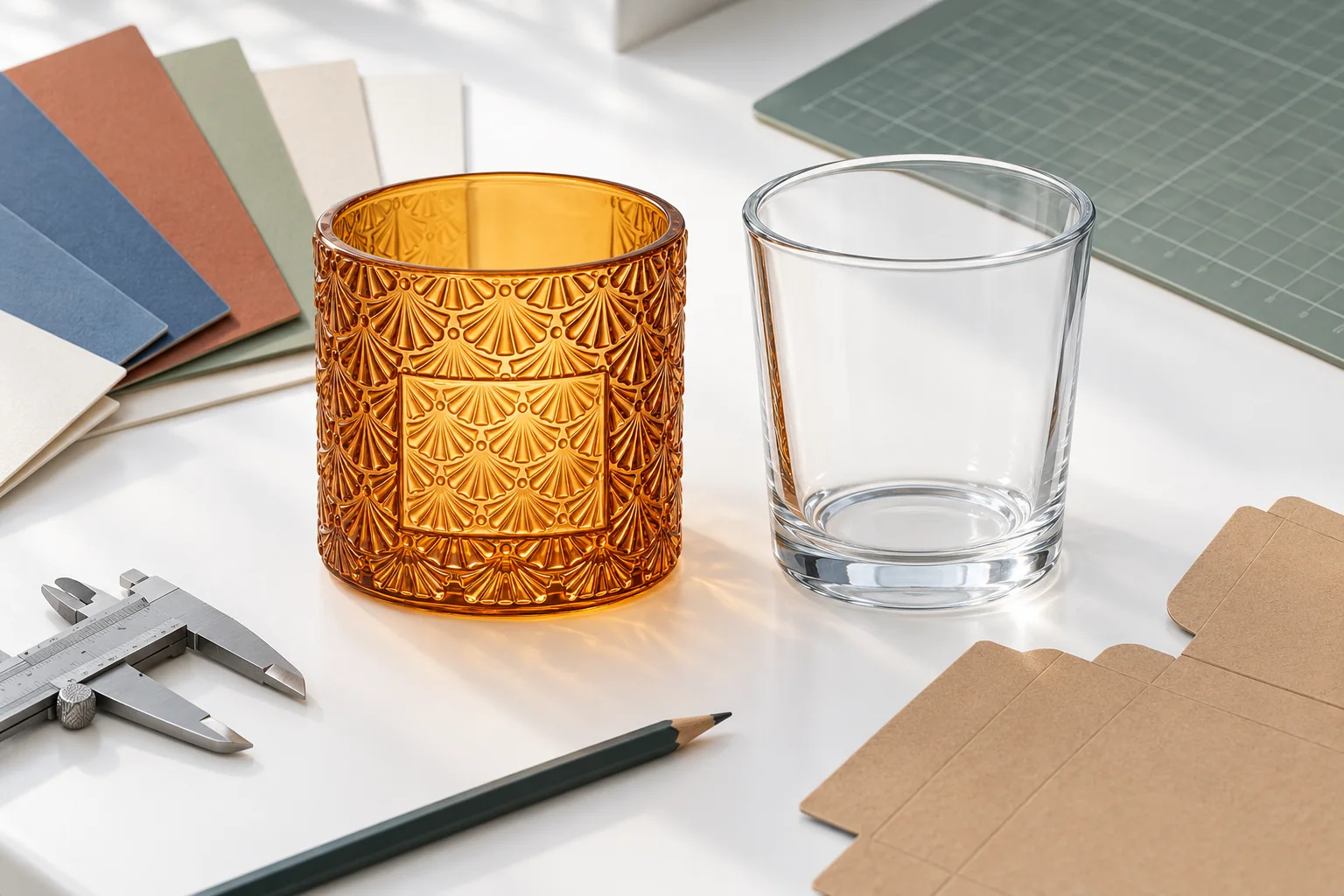 VSS Glass jars on a bright sampling desk with color swatches and packaging materials