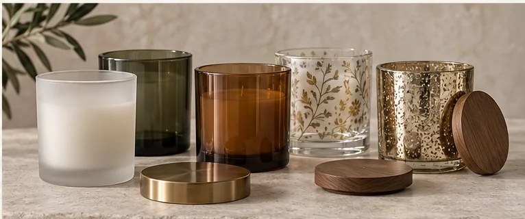 Colored, frosted and reflective glass vessels illustrating finish directions