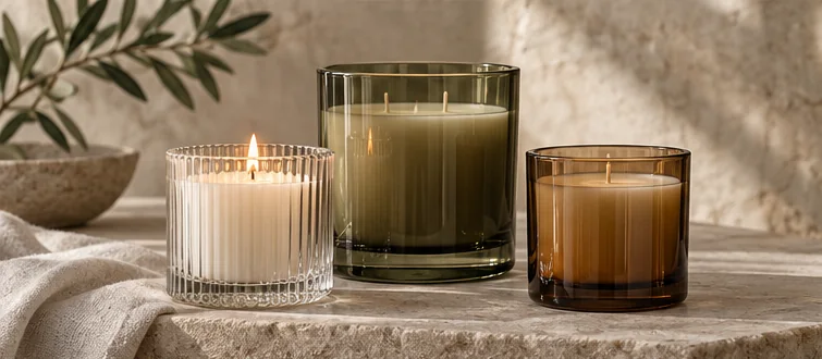 Editorial glass candleware arrangement illustrating a home fragrance setting