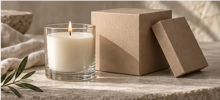 Candleware boxes and protective inserts in a warm neutral packaging arrangement